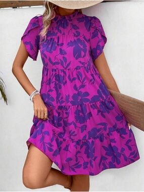 Floral Tiered Short Sleeve Dress in Magenta and Purple